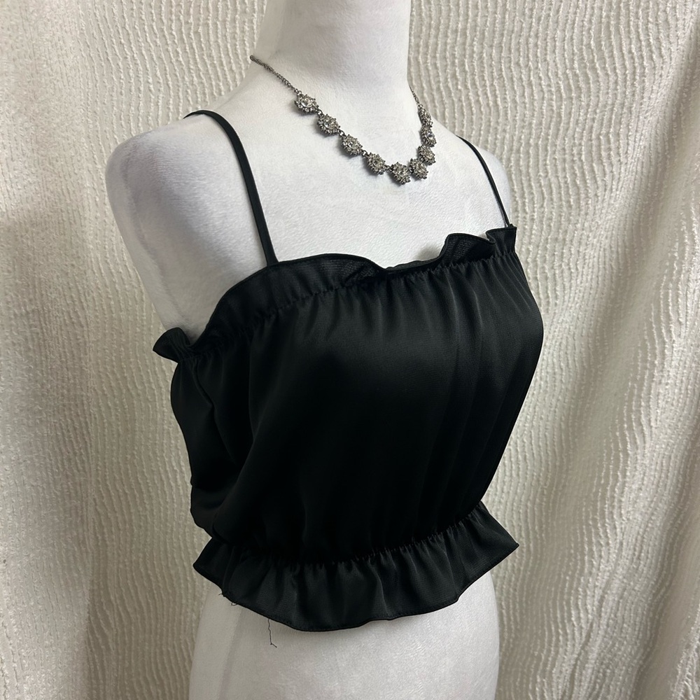 Intimately Free People Black Satin Spaghetti Strap Ruffle Crop Top Size Small